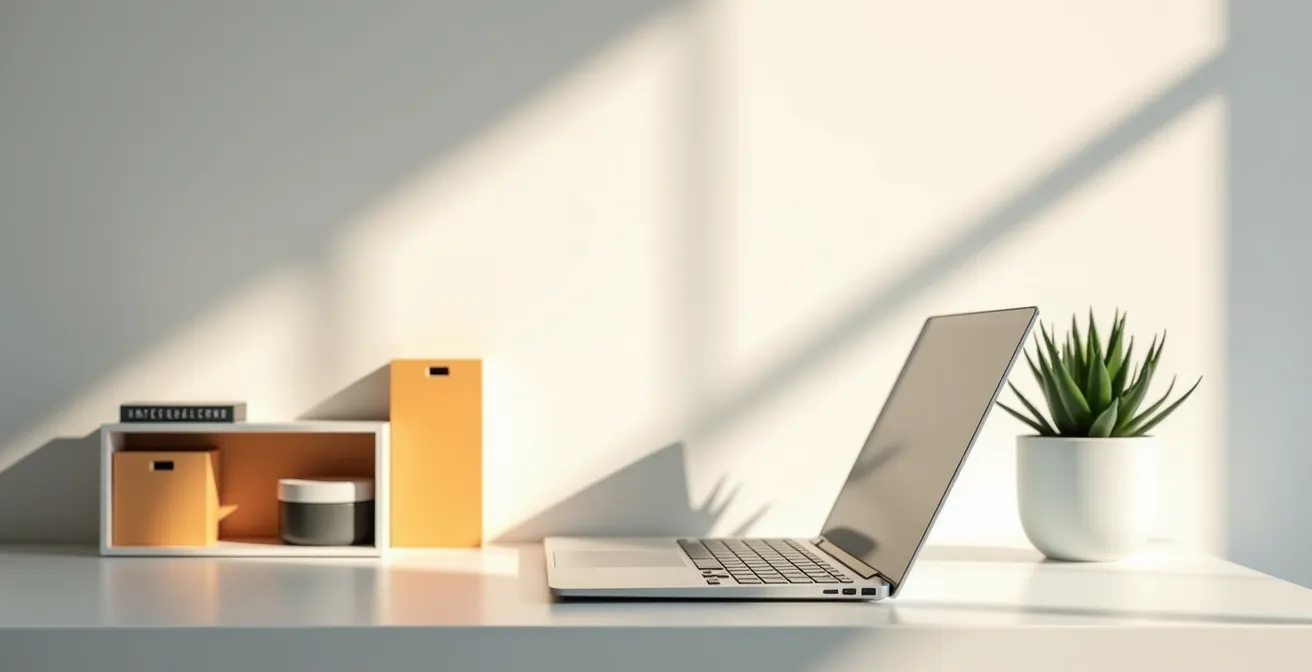 Bureau moderne avec ordinateur portable et documents administratifs pour déménagement au Québec