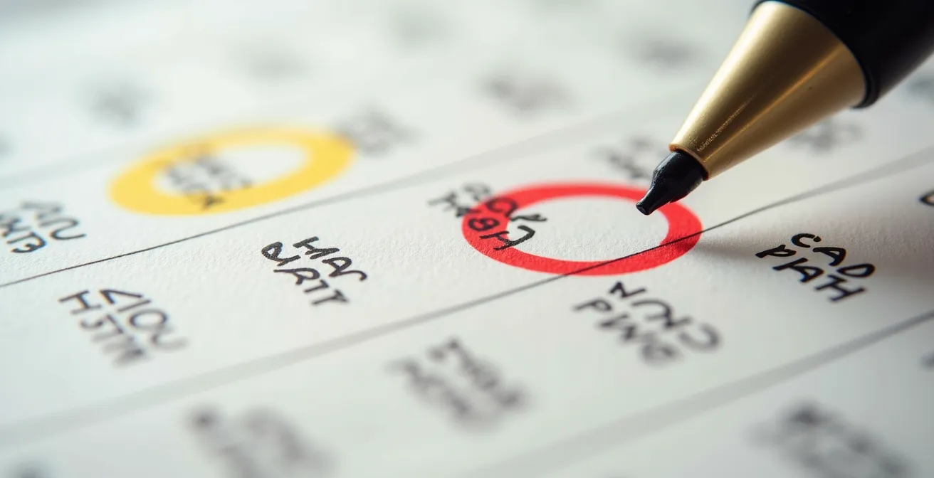 Vue macro d'un calendrier avec marqueurs colorés indiquant les périodes de pointe tarifaire pour les déménagements au Québec