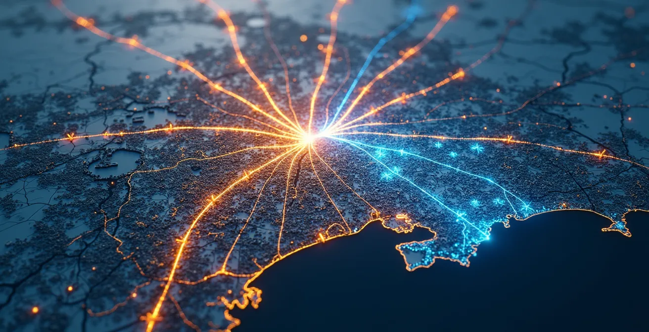 Carte schématique du Québec montrant les flux de distribution depuis un hub central versus livraison directe