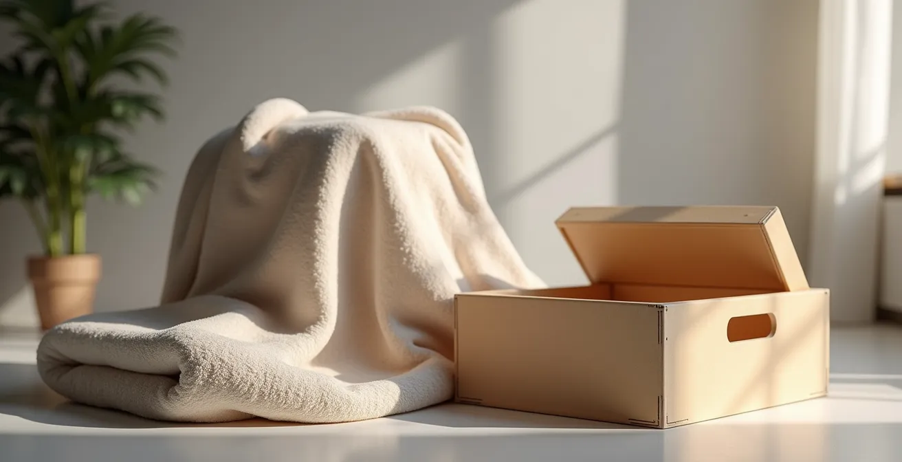 Représentation visuelle métaphorique des différentes options d'assurance pour un déménagement