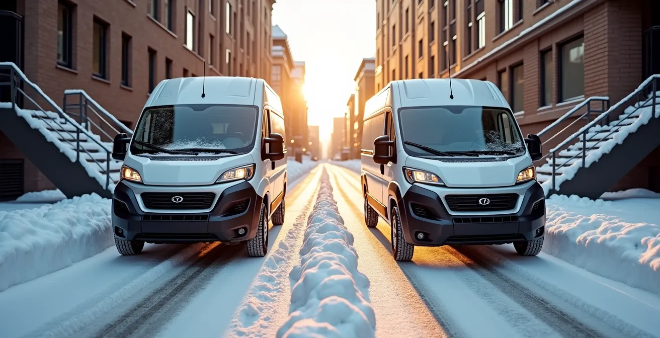 Vue comparative de deux fourgons utilitaires légers stationnés côte à côte dans une rue enneigée de Montréal