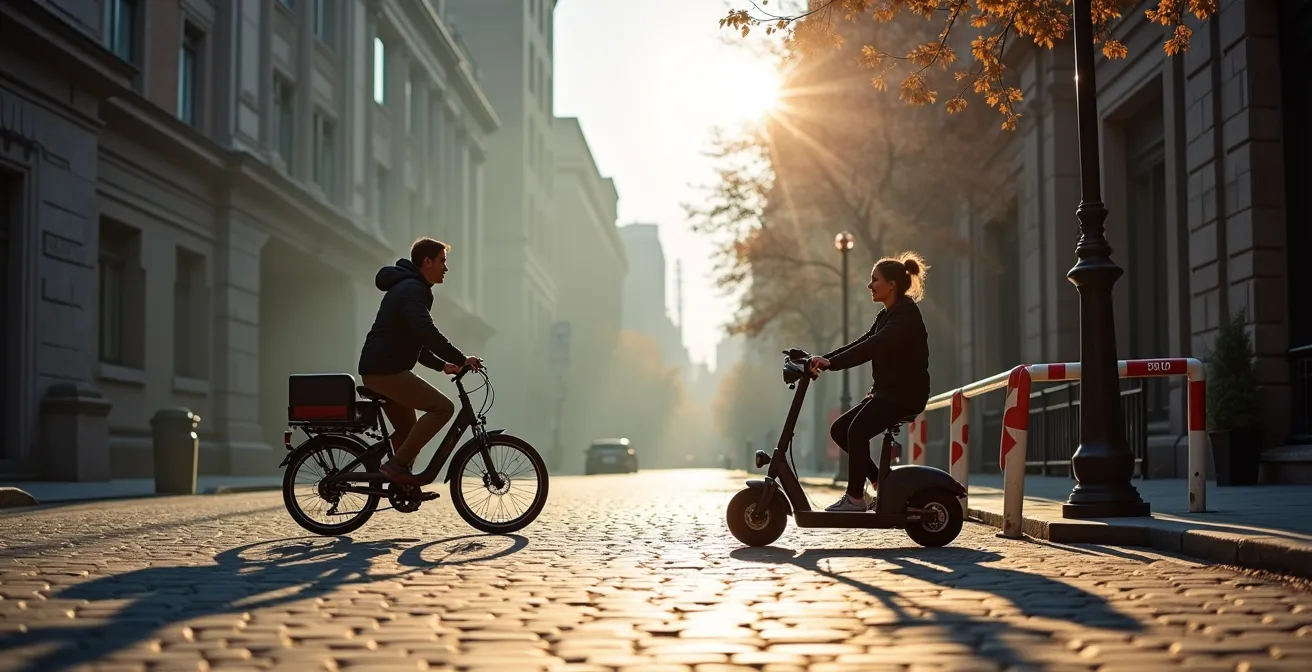 Vélo-cargo et scooter électrique côte à côte dans les rues pavées du Vieux-Montréal