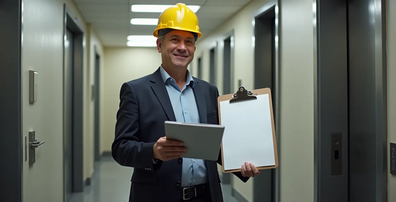 Concierge d'immeuble montréalais tenant un registre de réservation devant un ascenseur de service