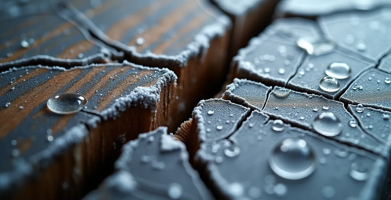 Vue macro de fissures dans le bois et condensation sur électroniques causées par le gel
