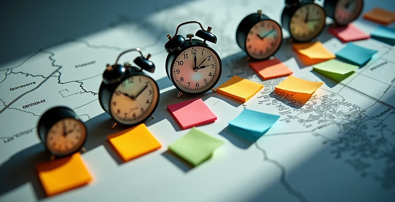 Visualisation d'un calendrier de déménagement avec marges temporelles et points de contrôle