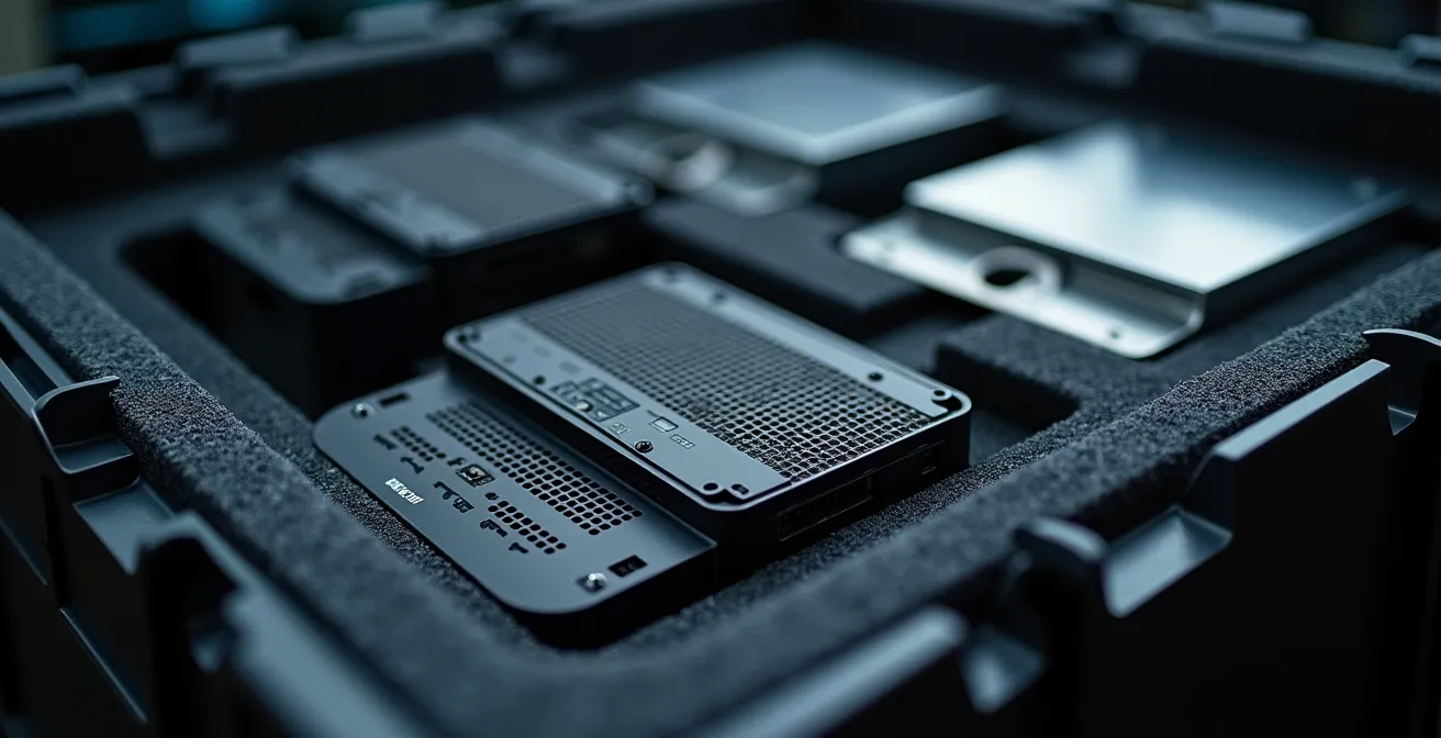 Serveur informatique protégé dans une caisse de transport spécialisée avec mousse haute densité