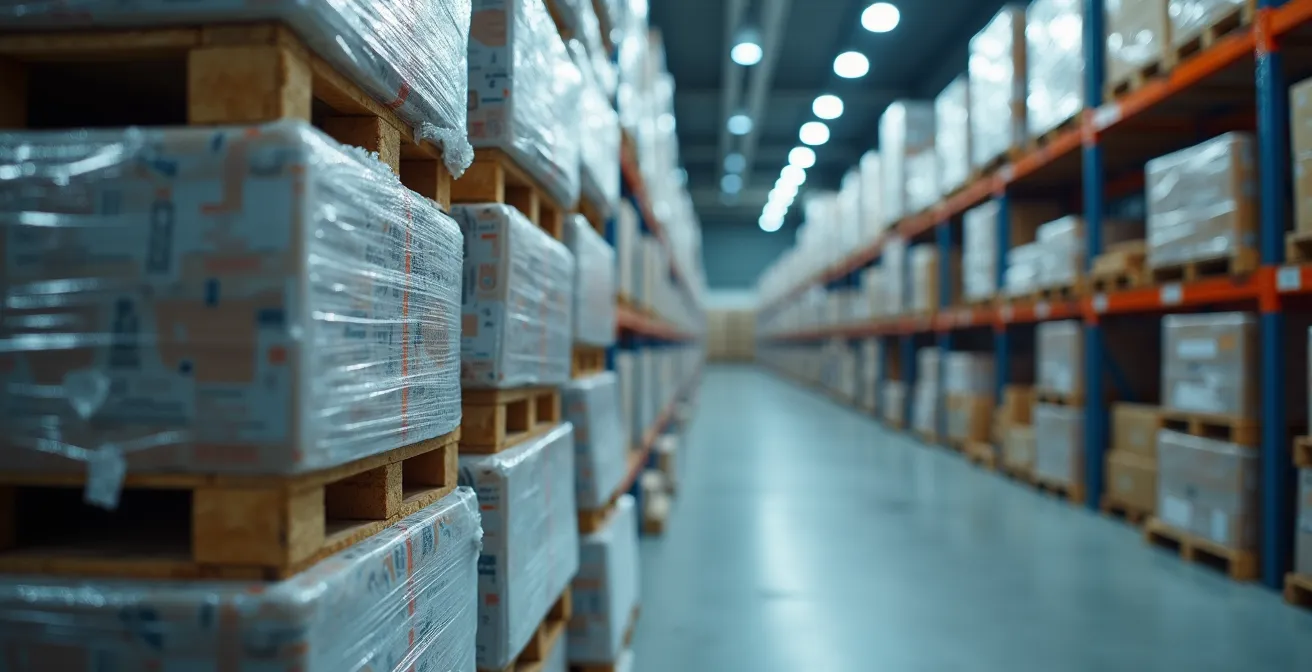Vue intérieure d'un entrepôt moderne québécois avec système de gestion des stocks en période hivernale