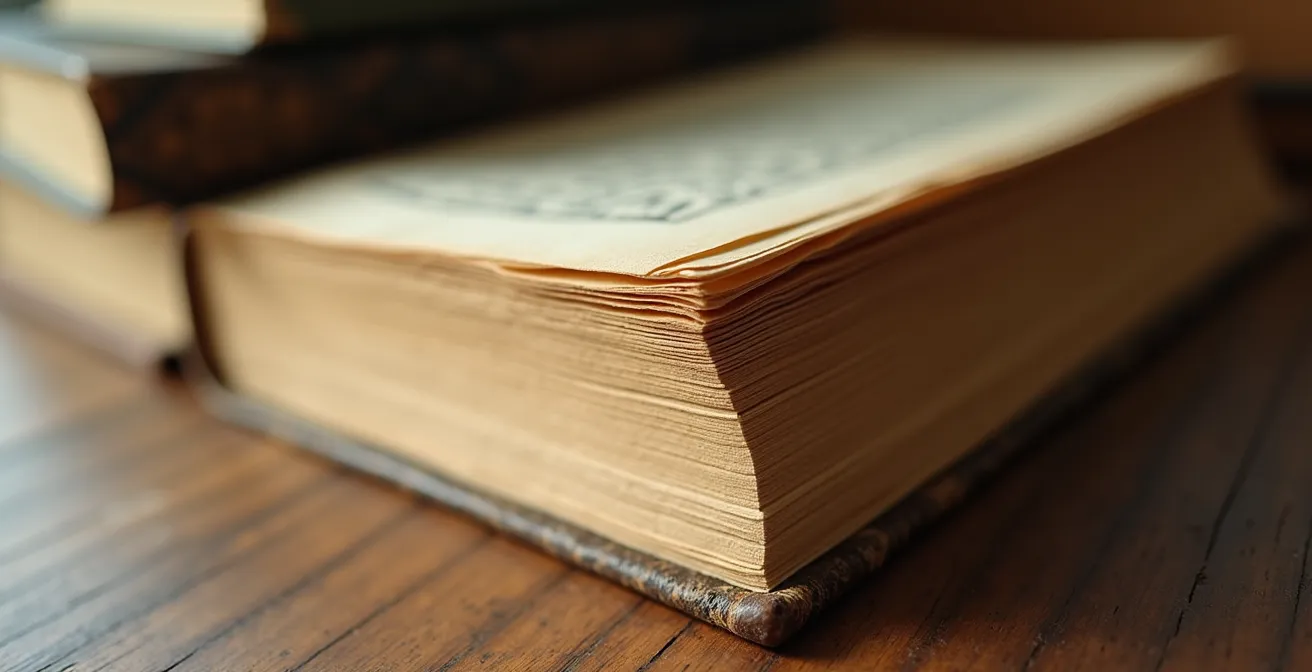 Gros plan macro sur la tranche d'un livre ancien montrant les différentes couches de papier et leur texture