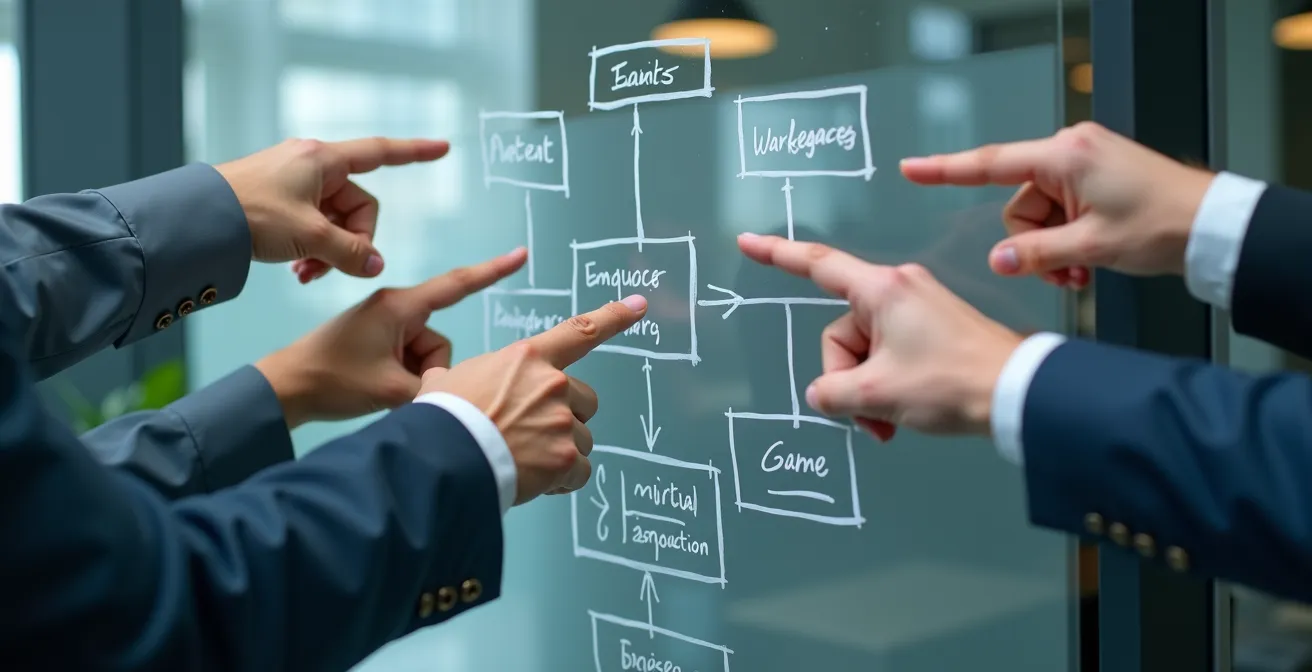 Vue macro de mains coordonnant différents départements sur un plan de continuité d'activité