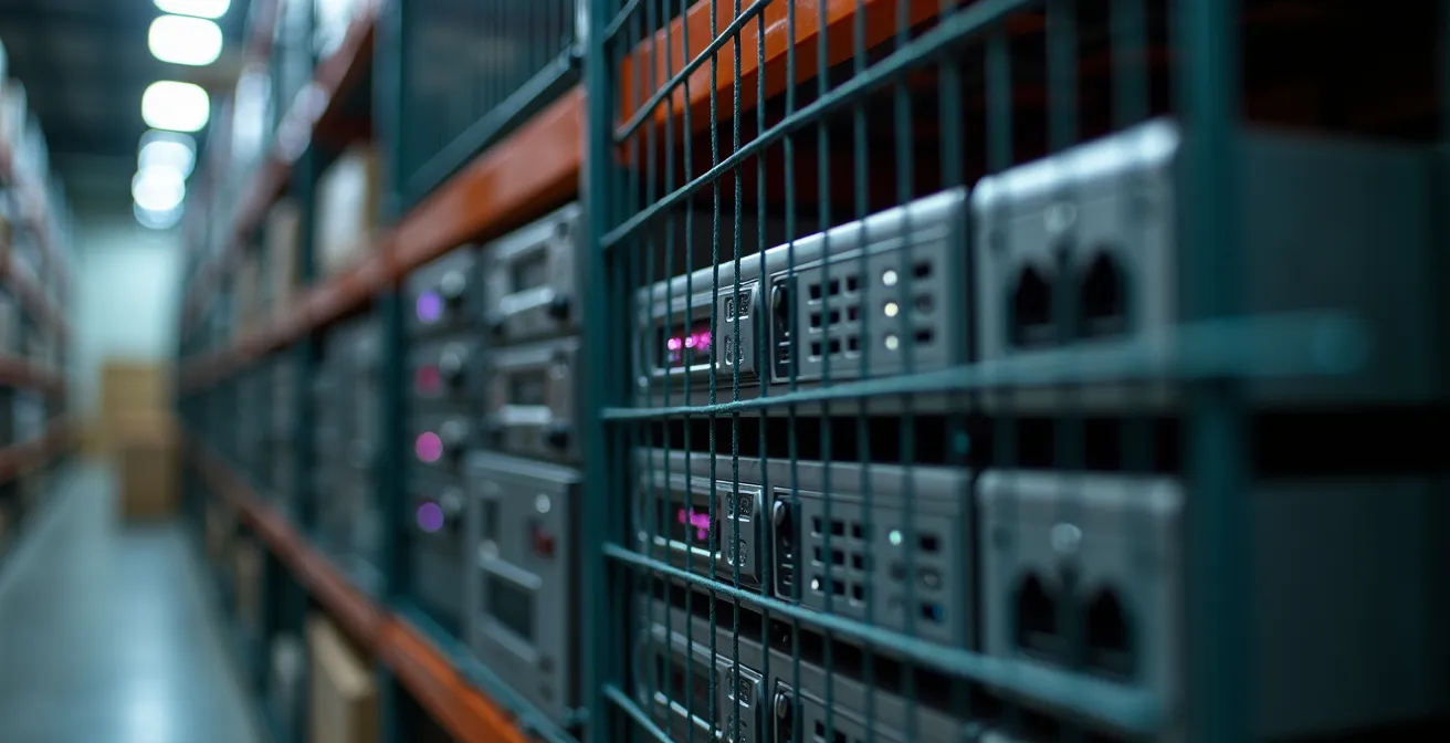 Gros plan macro sur des produits électroniques haute valeur dans un contexte d'entrepôt sécurisé