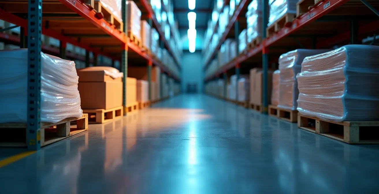 Diagramme visuel montrant différents types de marchandises et leur compatibilité de stockage dans un entrepôt partagé