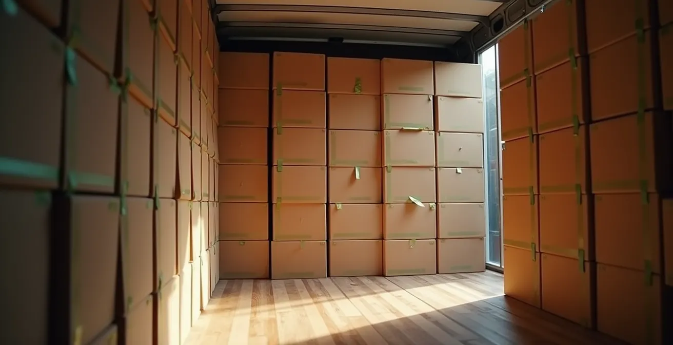 Vue intérieure d'un camion de déménagement montrant la technique du mur de briques avec des boîtes parfaitement alignées