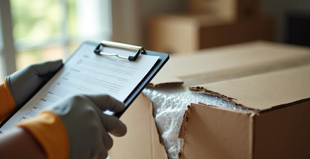 Gros plan sur des mains inspectant un carton endommagé avec formulaire de réclamation