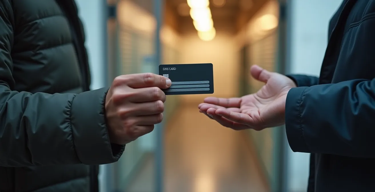 Main tenant un badge d'accès devant une porte d'entrepôt avec symbole d'avertissement