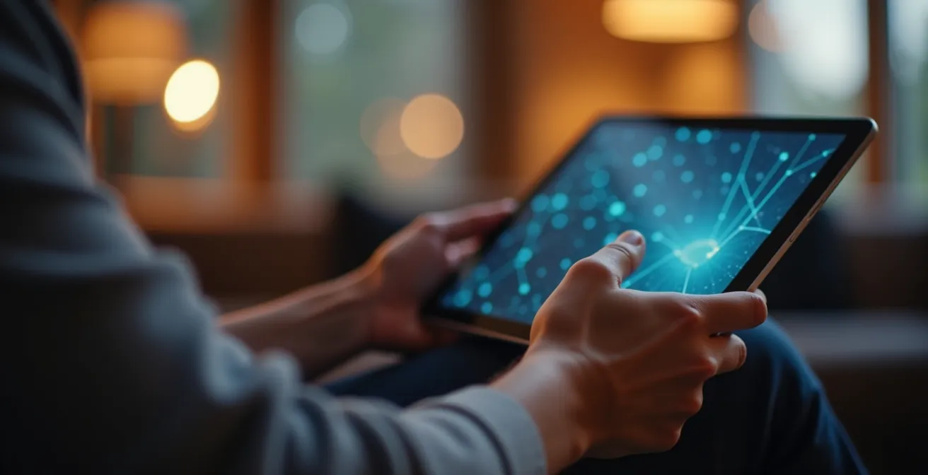 Mains tenant une tablette floue avec des icônes de services connectés en arrière-plan
