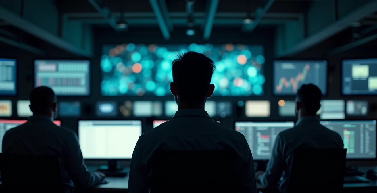 Centre de contrôle logistique avec multiples indicateurs de performance affichés