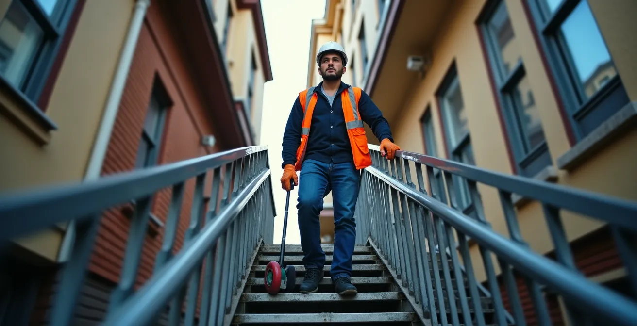 Déménageur professionnel utilisant un diable dans un escalier extérieur typique du Québec