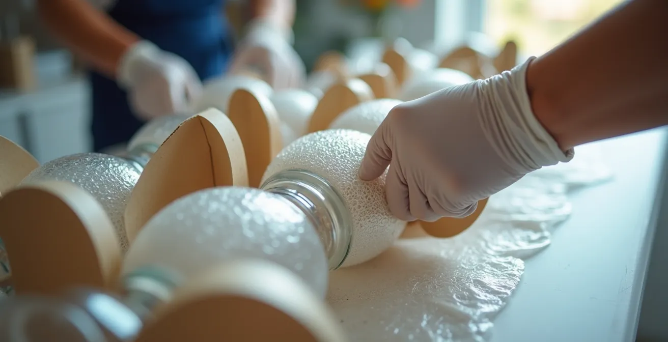 Gros plan sur des mains expertes emballant de la verrerie fragile avec technique professionnelle dans du papier bulle