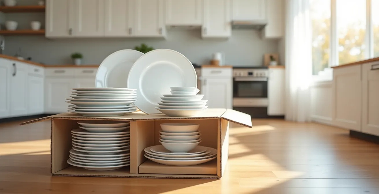 Démonstration de la technique d'emballage vertical des assiettes dans une boîte de déménagement avec protection optimale