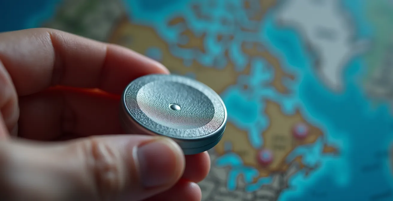 Main tenant un traceur GPS avec carte du Canada en arrière-plan montrant le trajet d'un déménagement