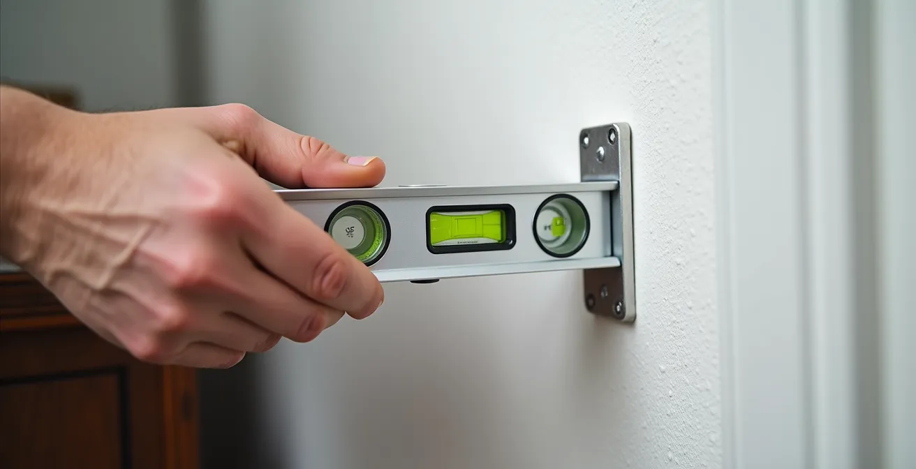 Gros plan sur les mains d'un professionnel vérifiant l'ancrage mural d'une armoire avec un niveau à bulle