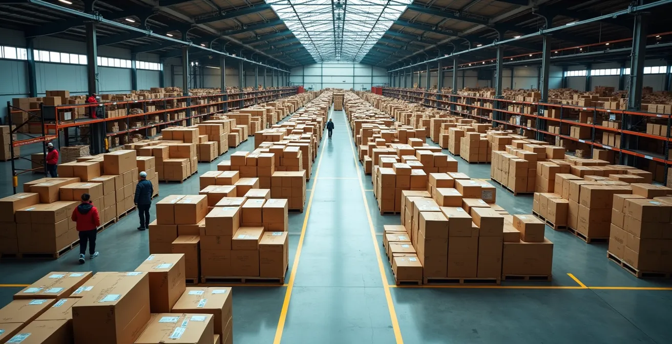 Vue aérienne d'un entrepôt québécois avec zones de préparation temporaires pendant les Fêtes