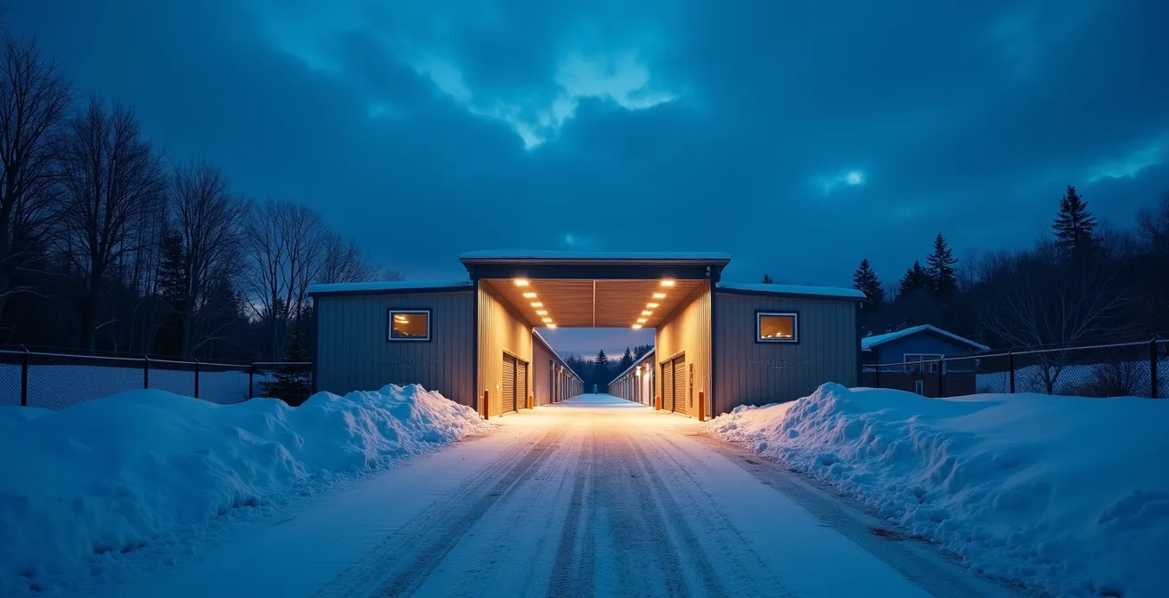 Entrée d'entrepôt éclairée la nuit en hiver avec neige au sol