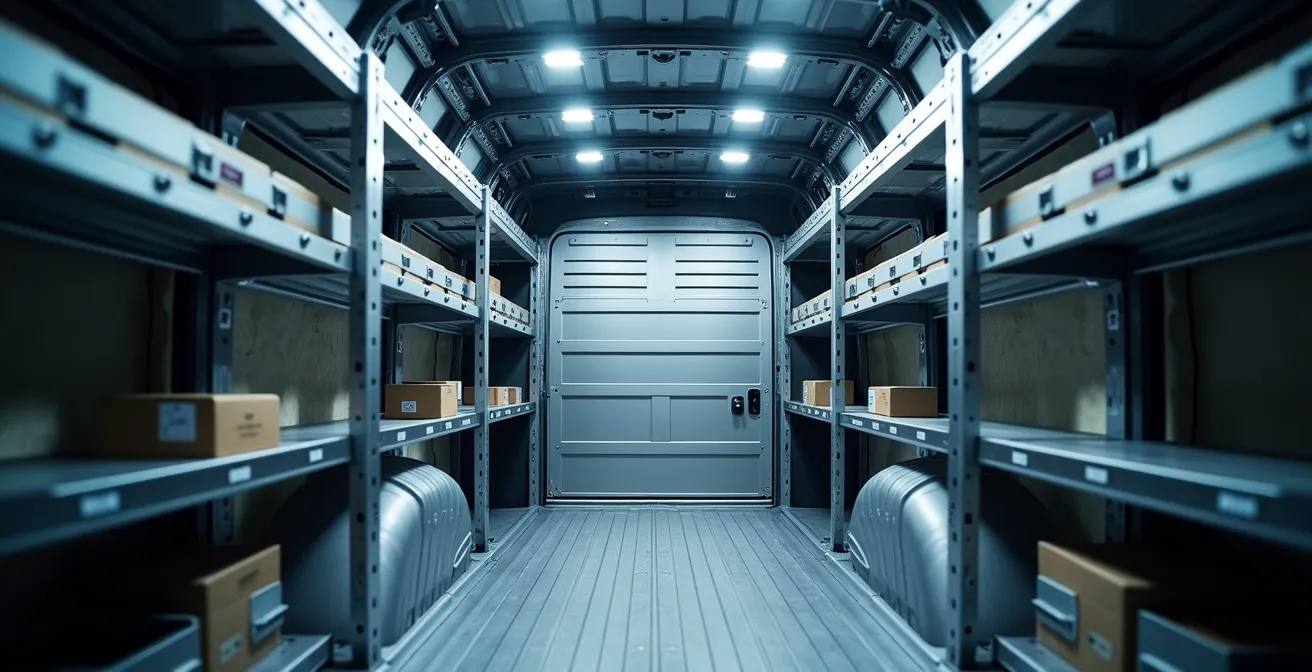 Intérieur d'un fourgon utilitaire professionnel avec système de rayonnages et séparations organisées
