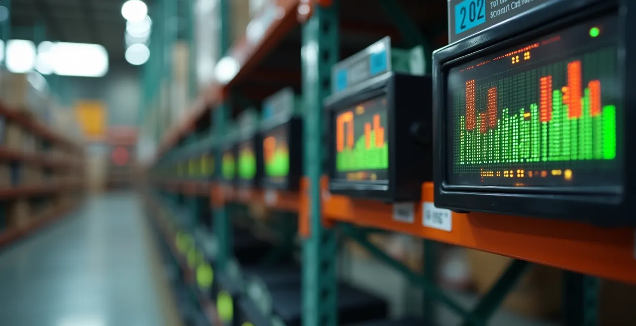 Vue macro d'étiquettes électroniques Kanban sur étagères d'entrepôt avec système de réapprovisionnement automatisé