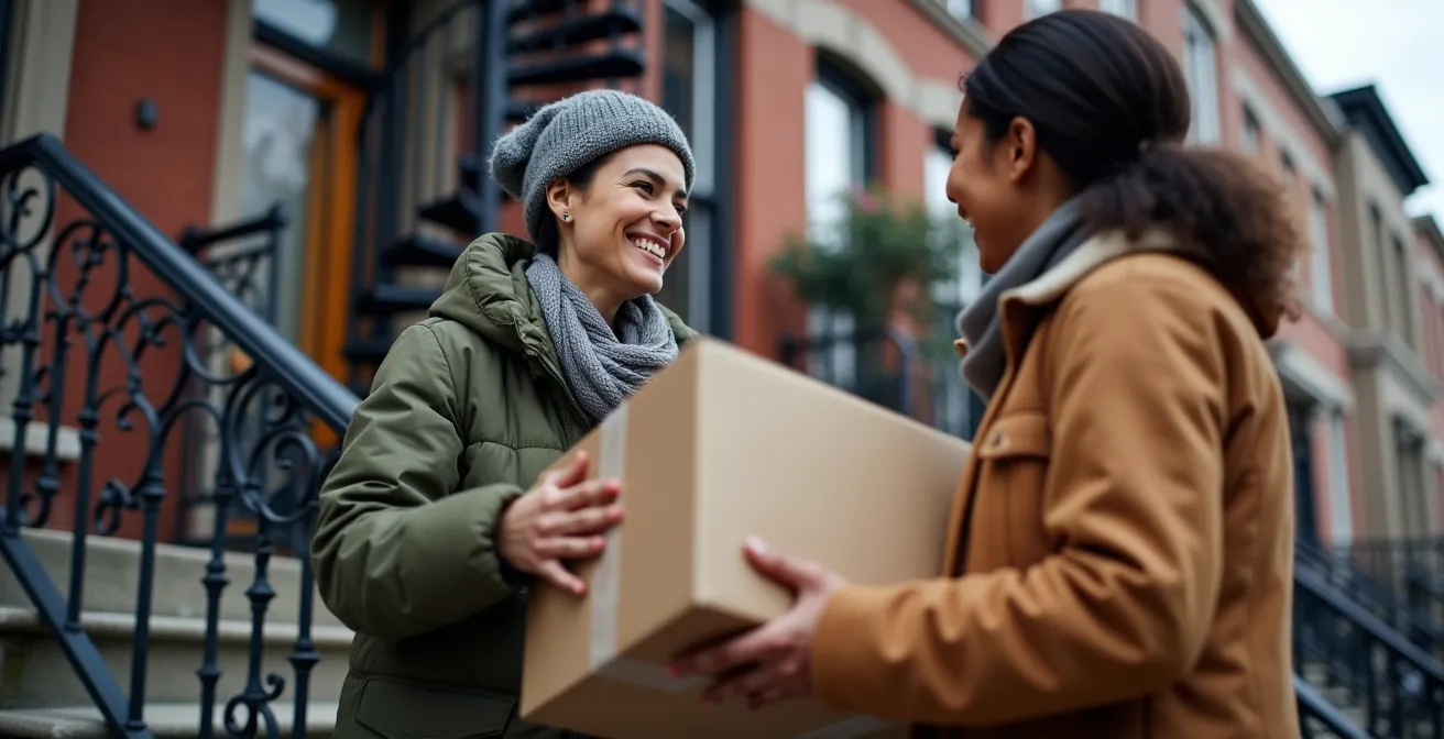 Scène de récupération de boîtes gratuites dans un quartier typique de Montréal