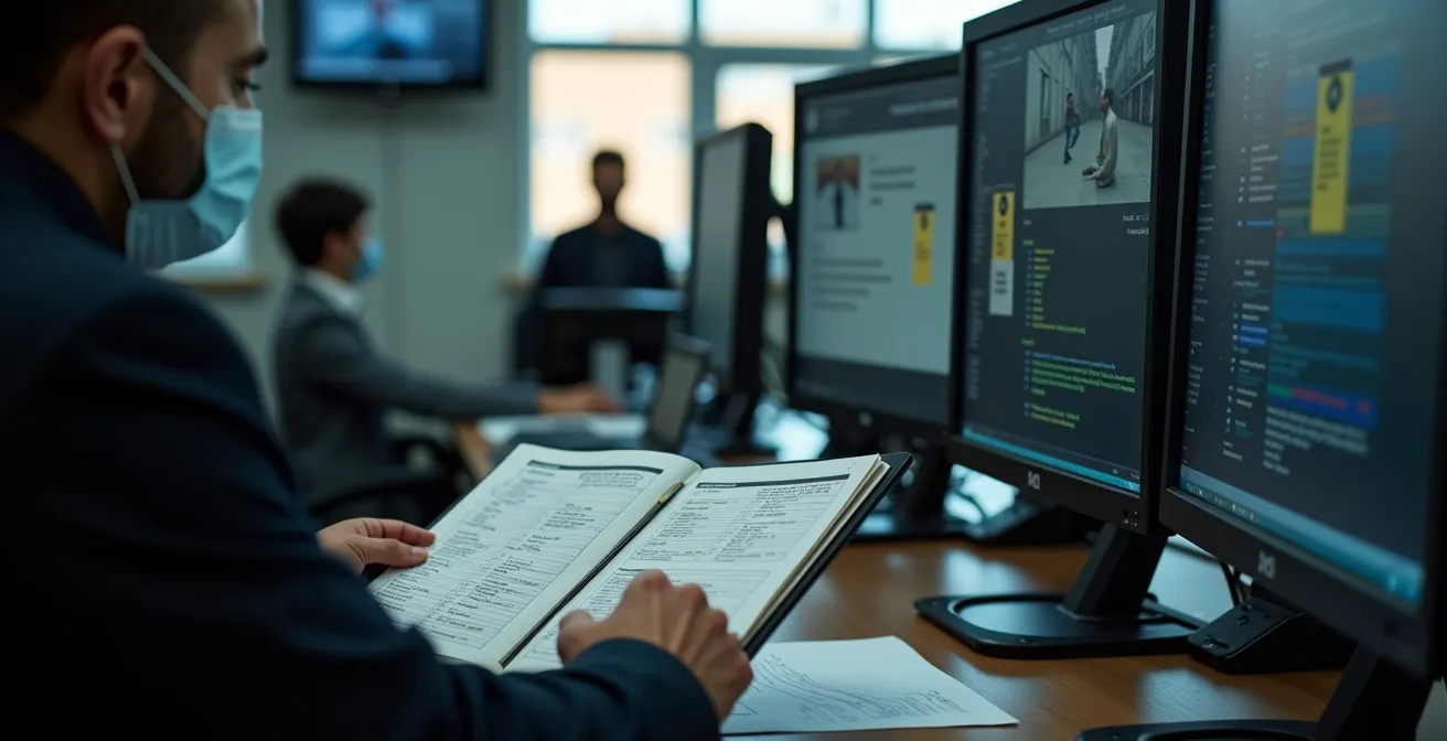 Bureau de sécurité d'entrepôt avec poste de visionnage sécurisé et registre d'accès aux enregistrements