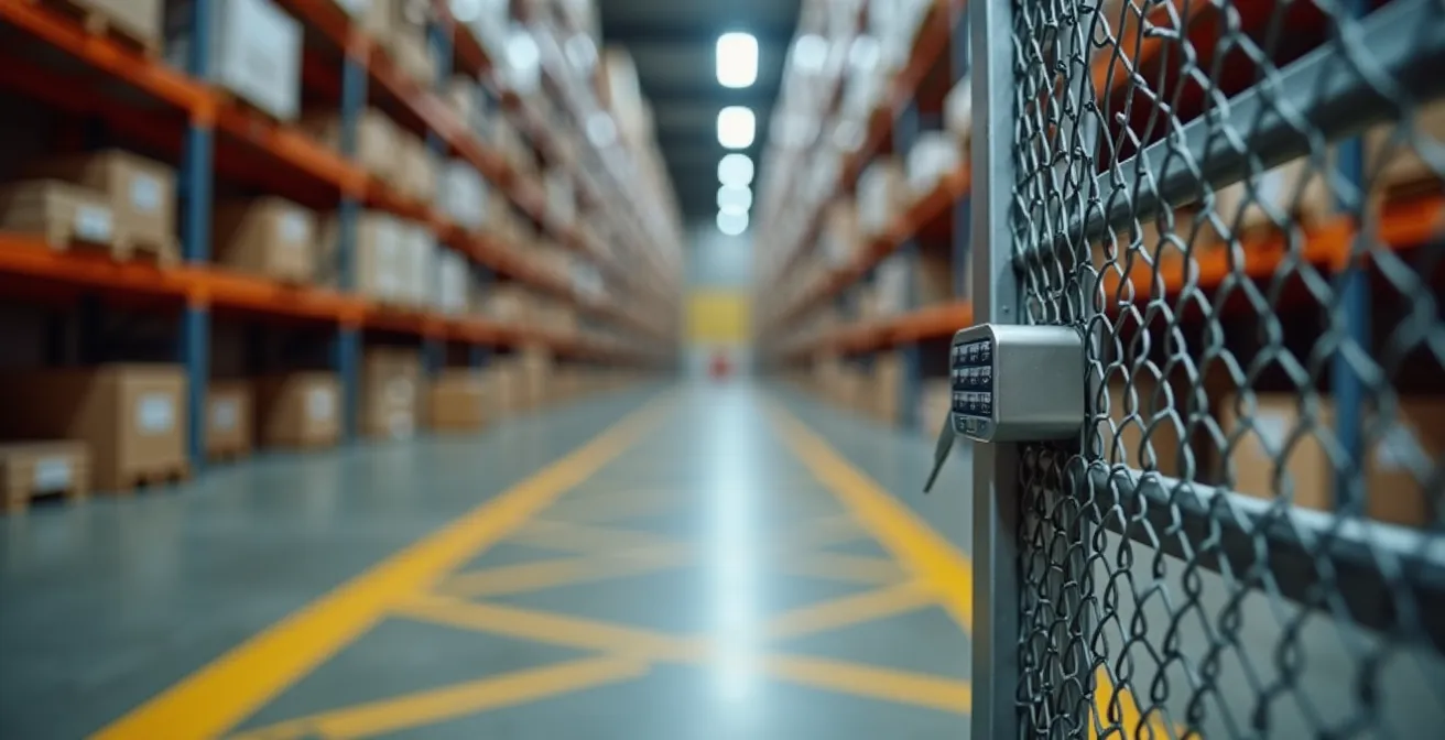 Cage grillagée métallique dans un entrepôt avec système de verrouillage électronique