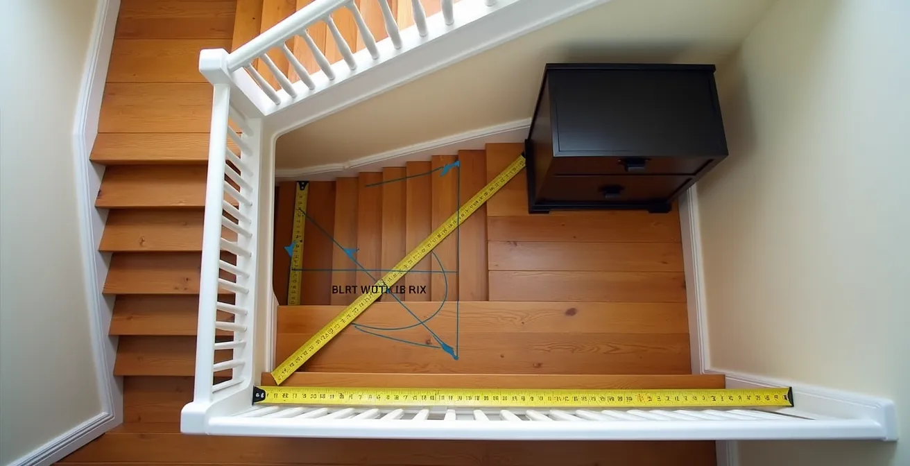 Vue technique d'un meuble dans un palier d'escalier avec angles de rotation illustrés