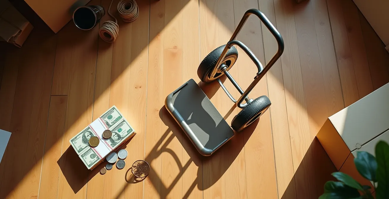 Comparaison visuelle entre l'achat et la location d'un diable professionnel avec calculatrice et équipement