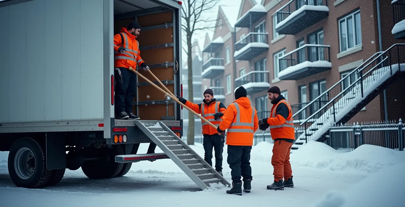 Camion de déménagement stationné dans une rue enneigée typique de Montréal avec escaliers extérieurs