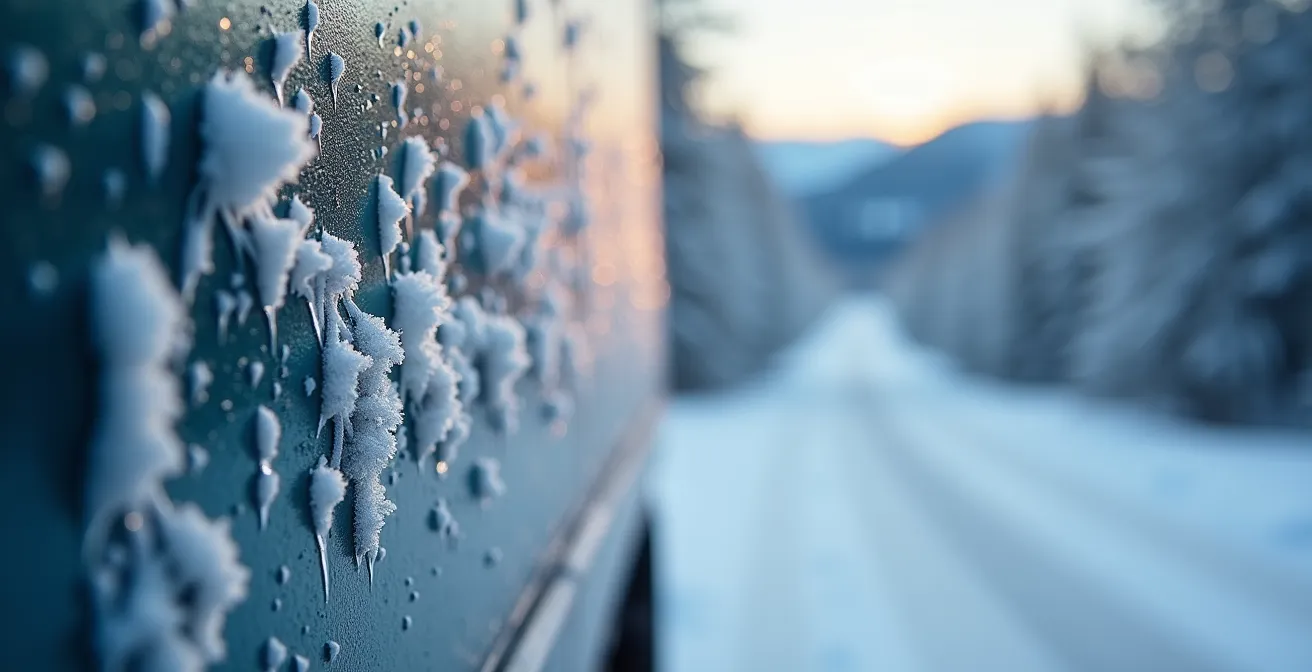 Camion de déménagement commercial naviguant prudemment sur une route enneigée au Québec