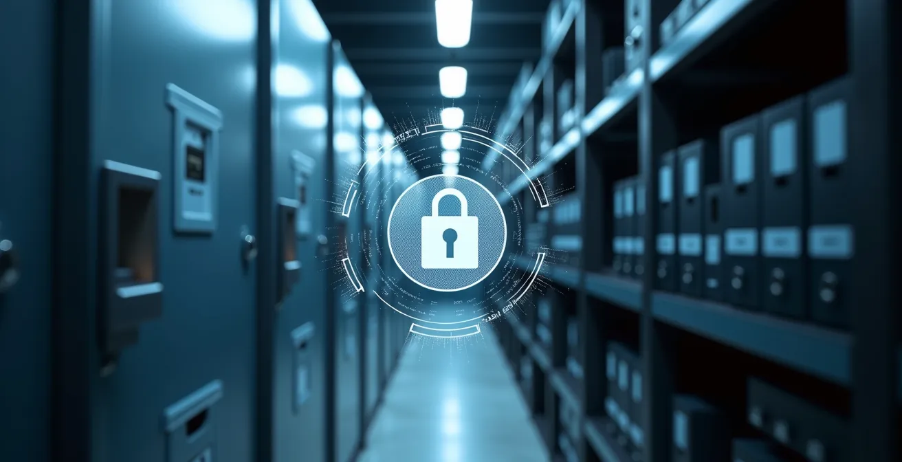 Intérieur d'un centre d'archivage certifié avec systèmes de contrôle climatique et sécurité renforcée