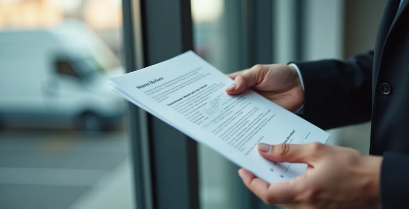 Gros plan sur les mains d'une personne consultant des documents administratifs avec un camion flou en arrière-plan