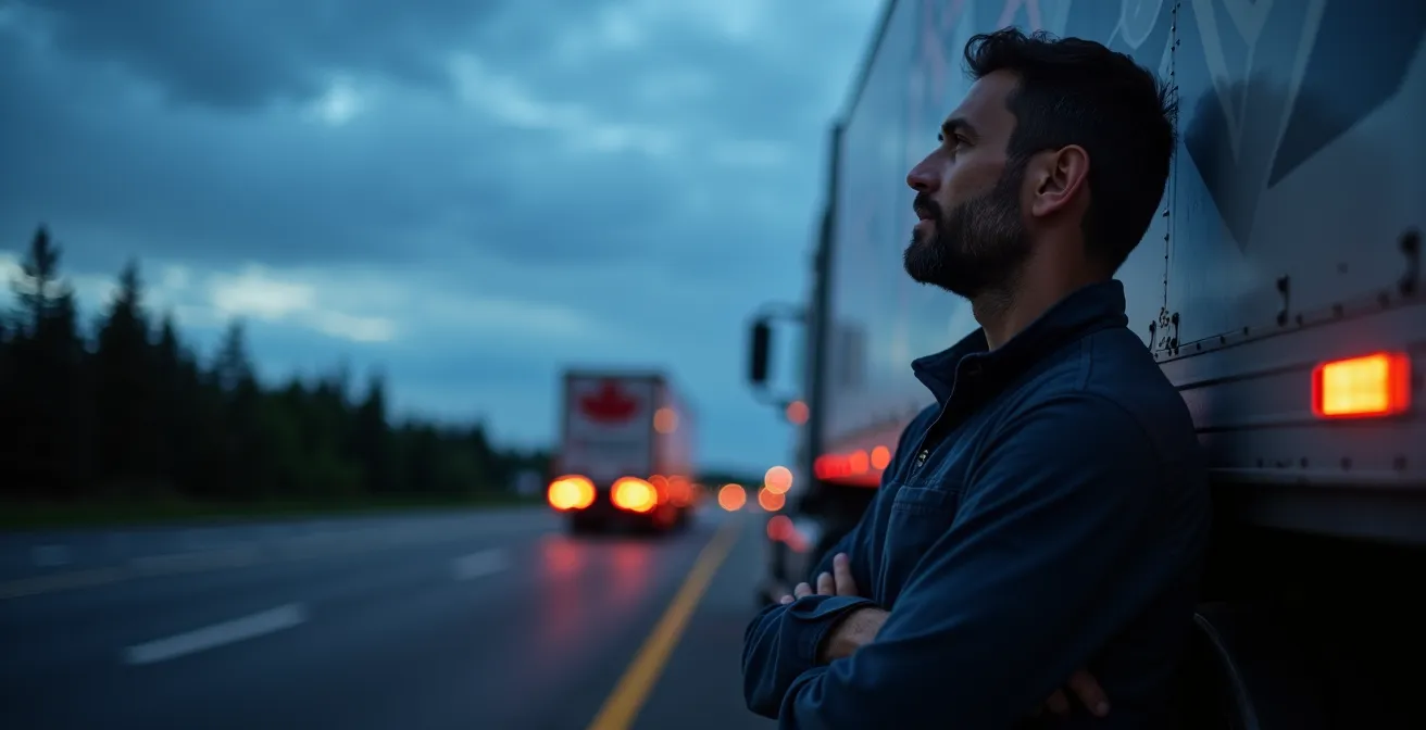 Chauffeur de camion prenant son repos obligatoire dans une aire de repos québécoise au crépuscule.