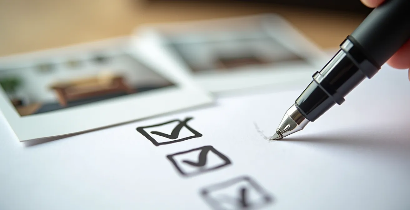 Vue macro détaillée d'une checklist manuscrite avec cases cochées et inventaire photographique