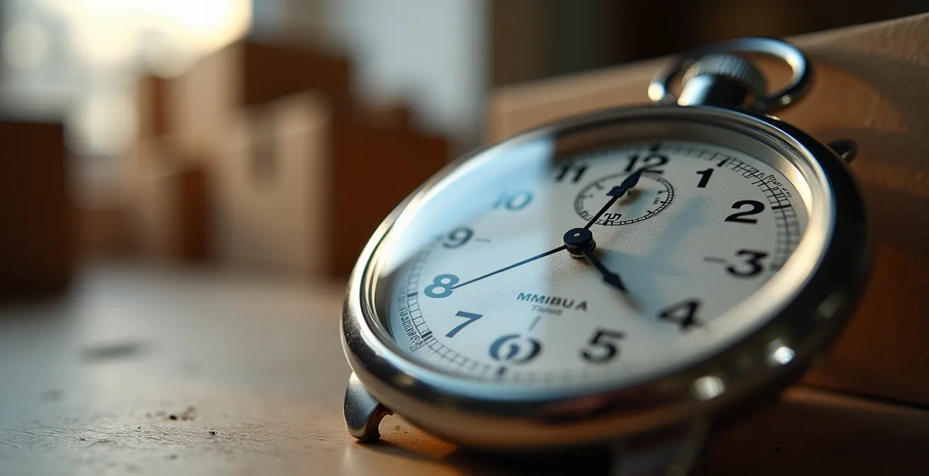 Vue macro d'un chronomètre professionnel avec boîtes de déménagement floues en arrière-plan