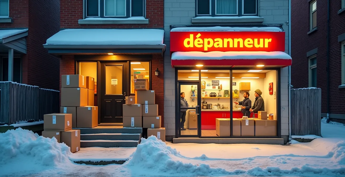 Comparaison visuelle entre livraison à domicile et points de retrait dans un quartier québécois