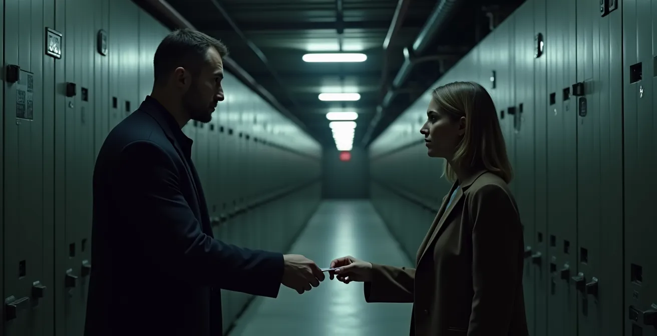 Personne remettant discrètement une carte d'accès à une autre dans un couloir d'entrepôt