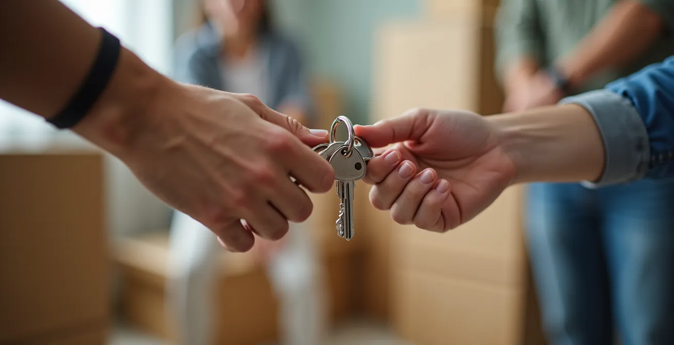 Vue macro sur mains échangeant des clés avec arrière-plan flou de déménageurs professionnels au travail