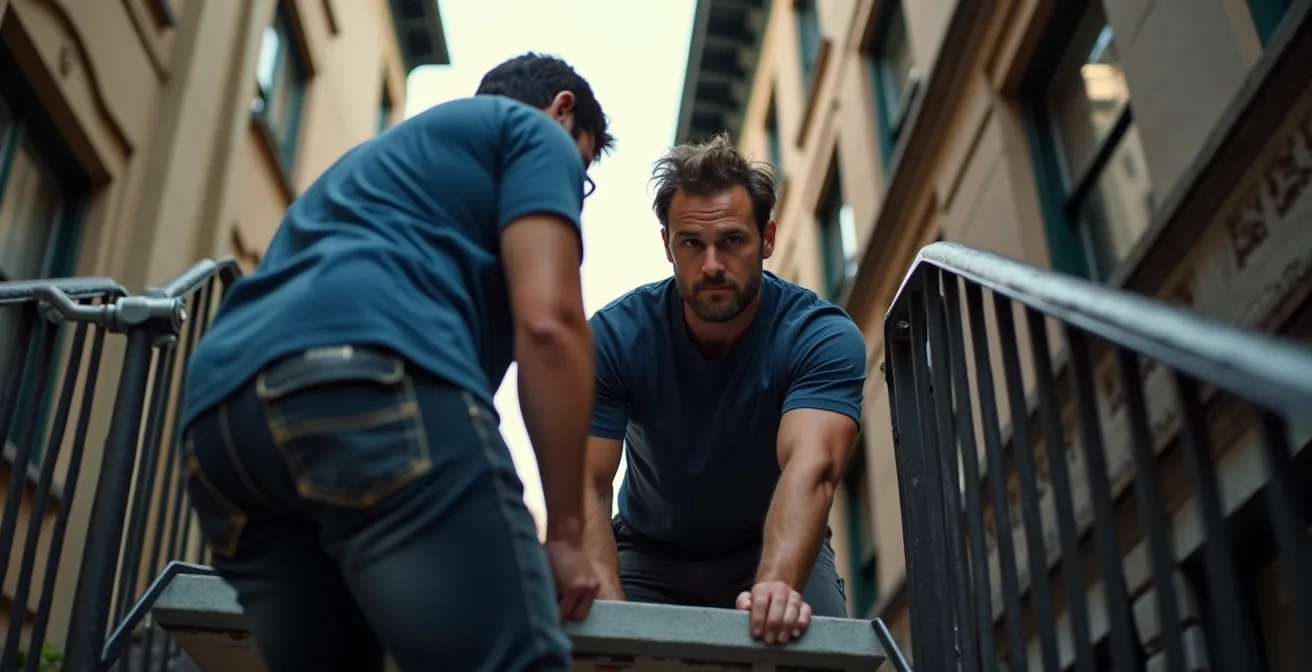 Déménagement complexe d'un piano par un escalier extérieur typique du Plateau Mont-Royal