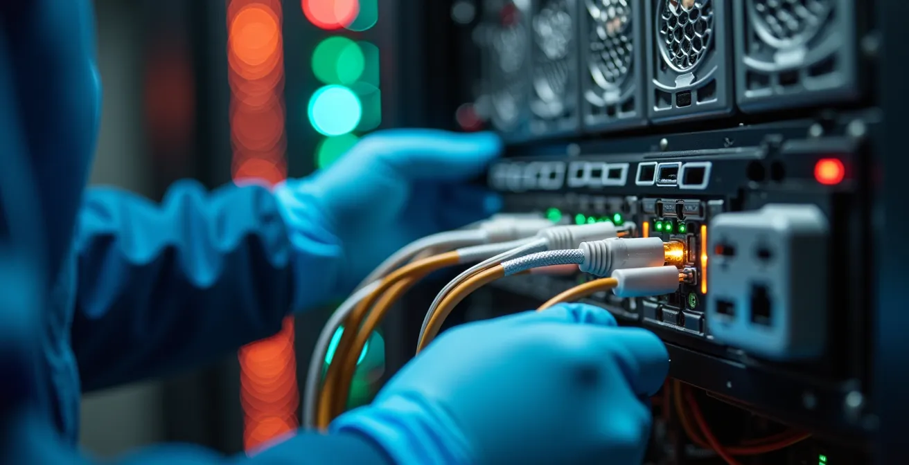 Techniciens manipulant avec précaution des serveurs dans des caisses anti-statiques spécialisées
