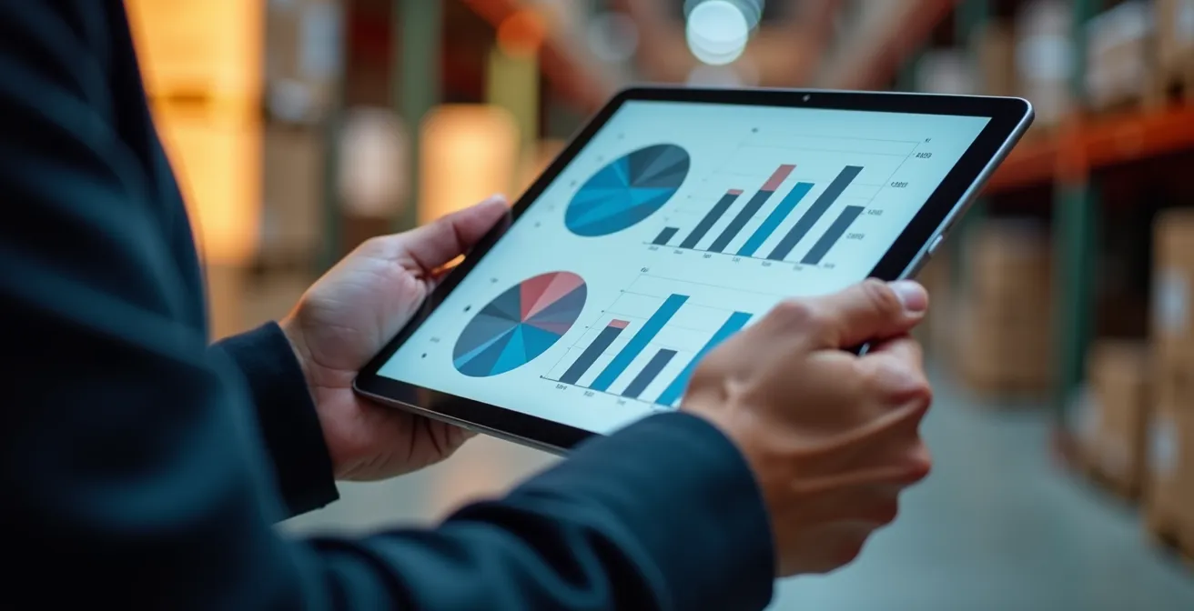 Mains tenant une tablette affichant des graphiques d'analyse de risques dans un contexte d'entrepôt