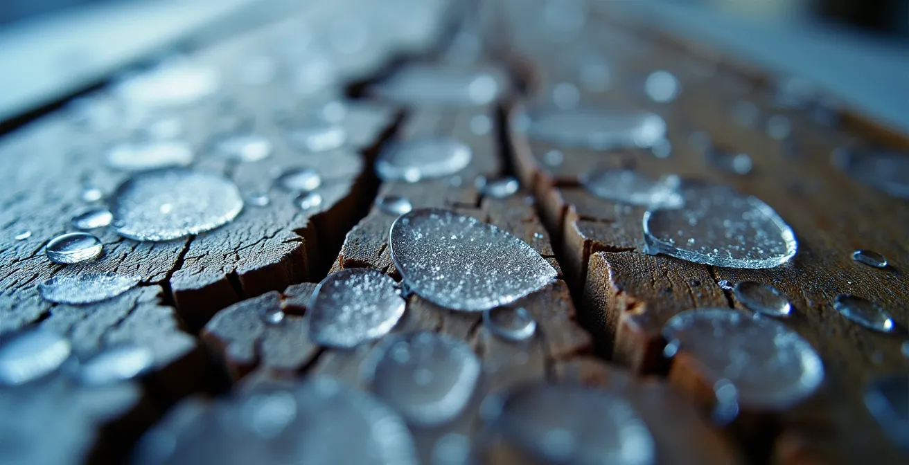 Gros plan macro sur des fissures dans du cuir et du bois causées par le gel dans un entrepôt non chauffé
