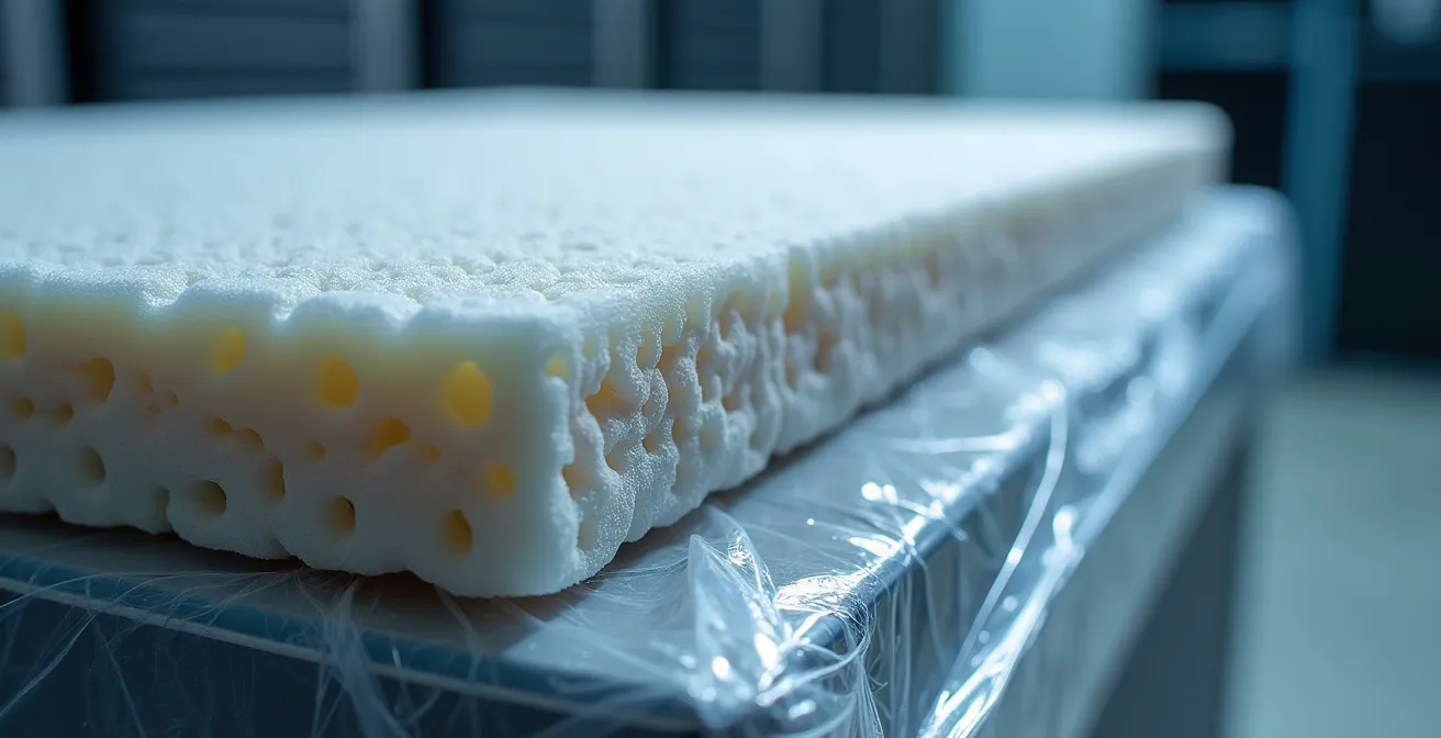 Gros plan macro sur les matériaux de protection antistatiques et les mousses spécialisées pour l'emballage de serveurs informatiques