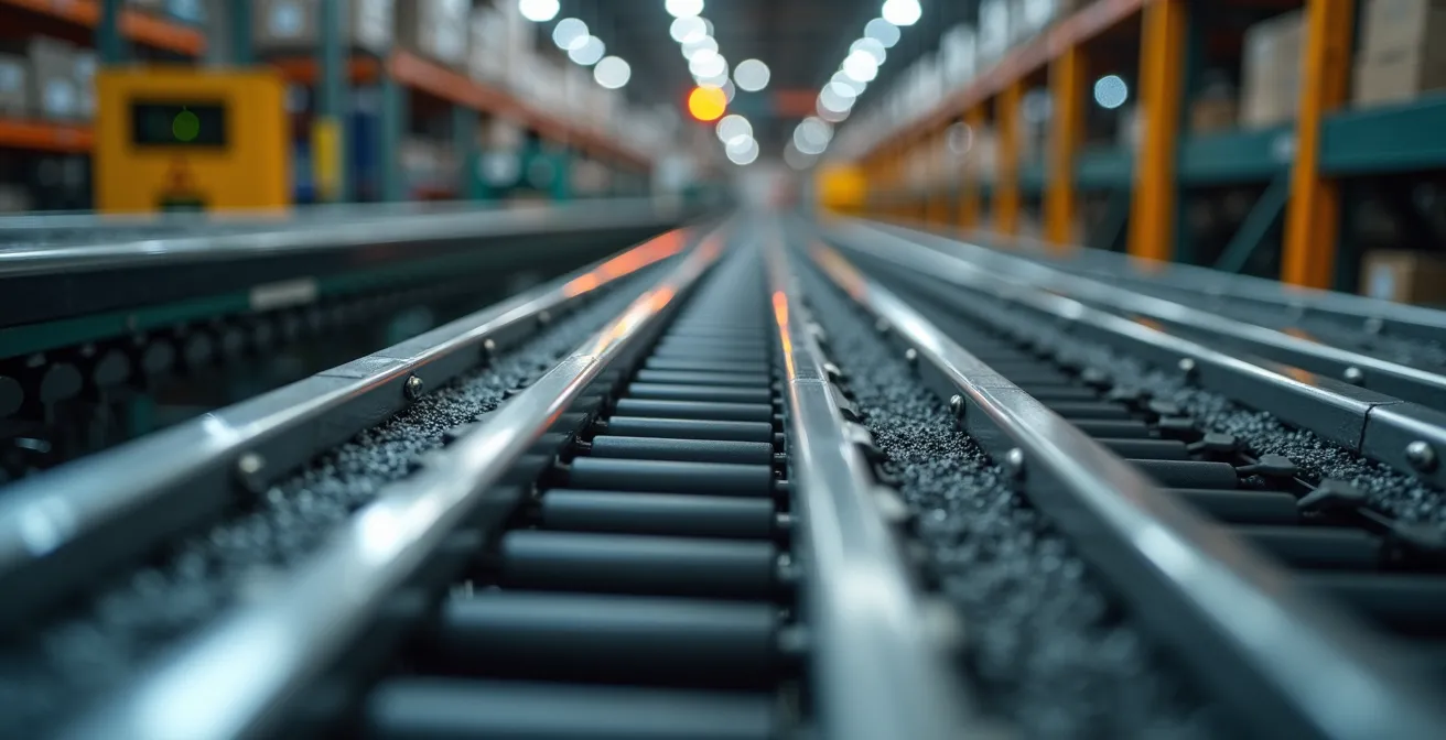 Centre de distribution automatisé avec systèmes de convoyeurs et zones de stockage optimisées